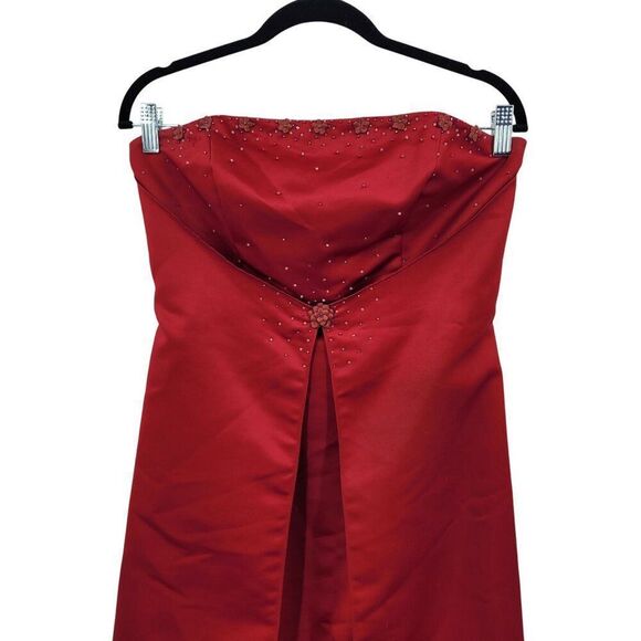 Red Satin Strapless Evening Gown Sz 12 Formal Dress Beaded Caped Skirt Prom Gala - Picture 7 of 12